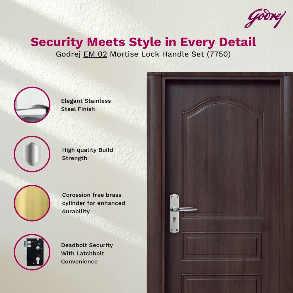 Godrej Mortise Lock I Handle Set 1CK EM01 I Satin Steel Finish I 6-Lever Lock I Double Throw I 5